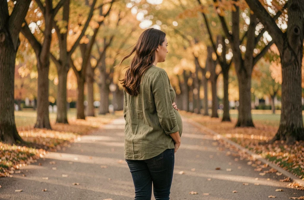 Femme enceinte marchant en plein air dans un parc en automne pour maintenir une activité physique douce