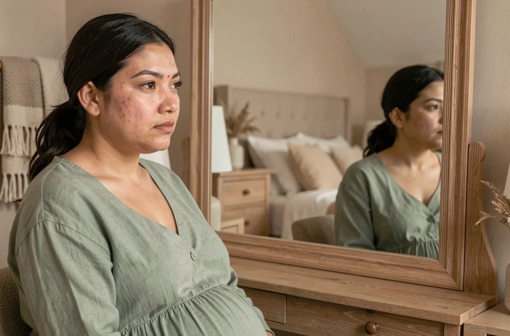 Femme enceinte examinant le masque de grossesse et les taches pigmentaires sur son visage devant un miroir