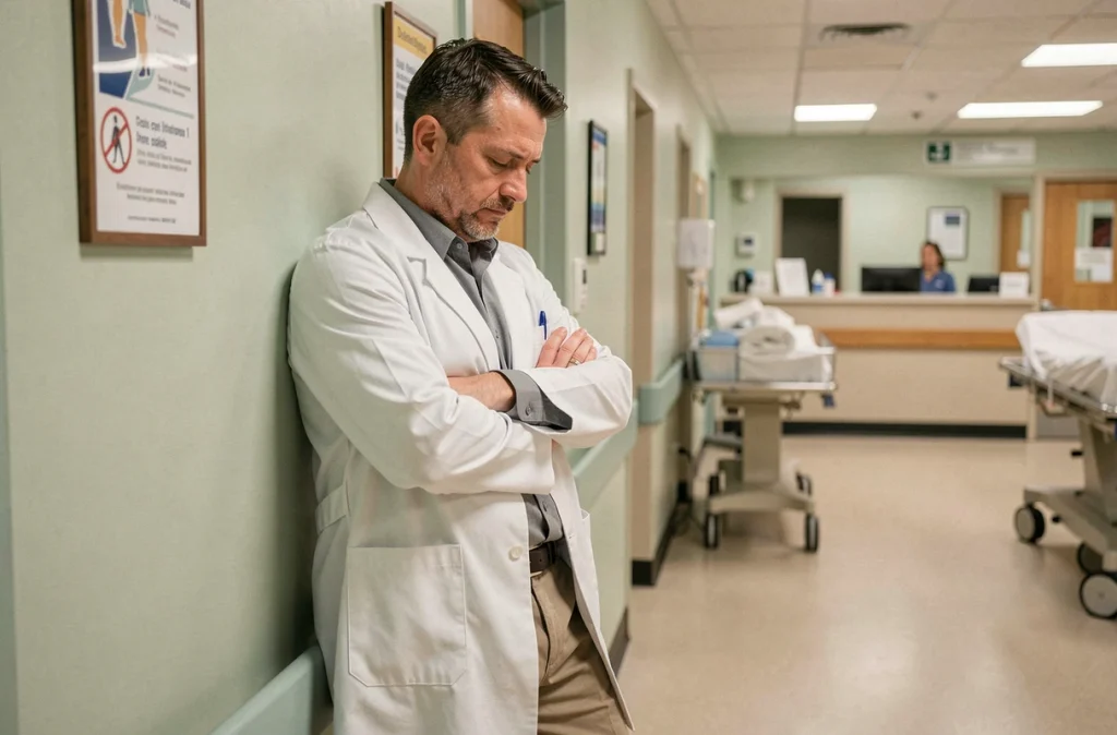 Médecin épuisé appuyé contre un mur de couloir hospitalier, représentant le stress chronique dans les professions médicales