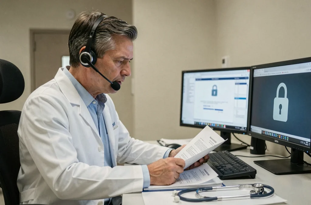 Médecin en téléconsultation professionnelle avec système sécurisé, soulevant les défis de la protection des données patients