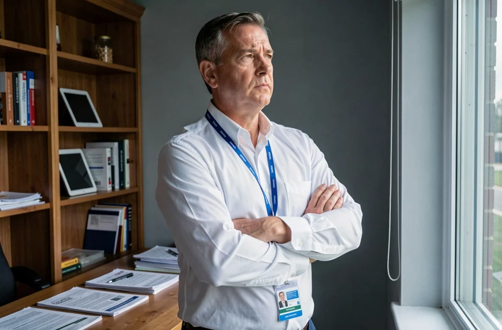 Médecin en télétravail regardant par la fenêtre avec un air préoccupé, symbolisant l'isolement professionnel et le poids psychologique des soignants