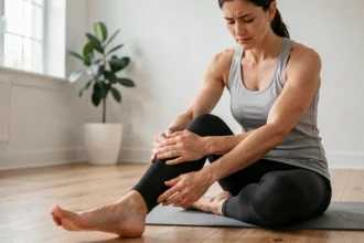 Femme massant son mollet pour soulager un muscle qui tressaute, assise sur un tapis de yoga à la maison