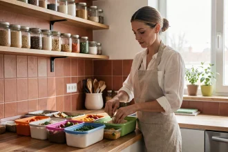 Femme préparant des repas de la semaine avec des contenants colorés dans une cuisine moderne pour éviter les grignotages