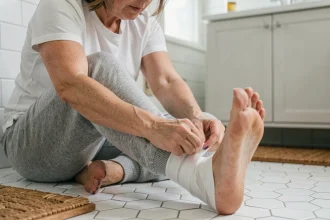 Femme enroulant un pansement médical blanc autour de son gros orteil sur le sol d'une salle de bain