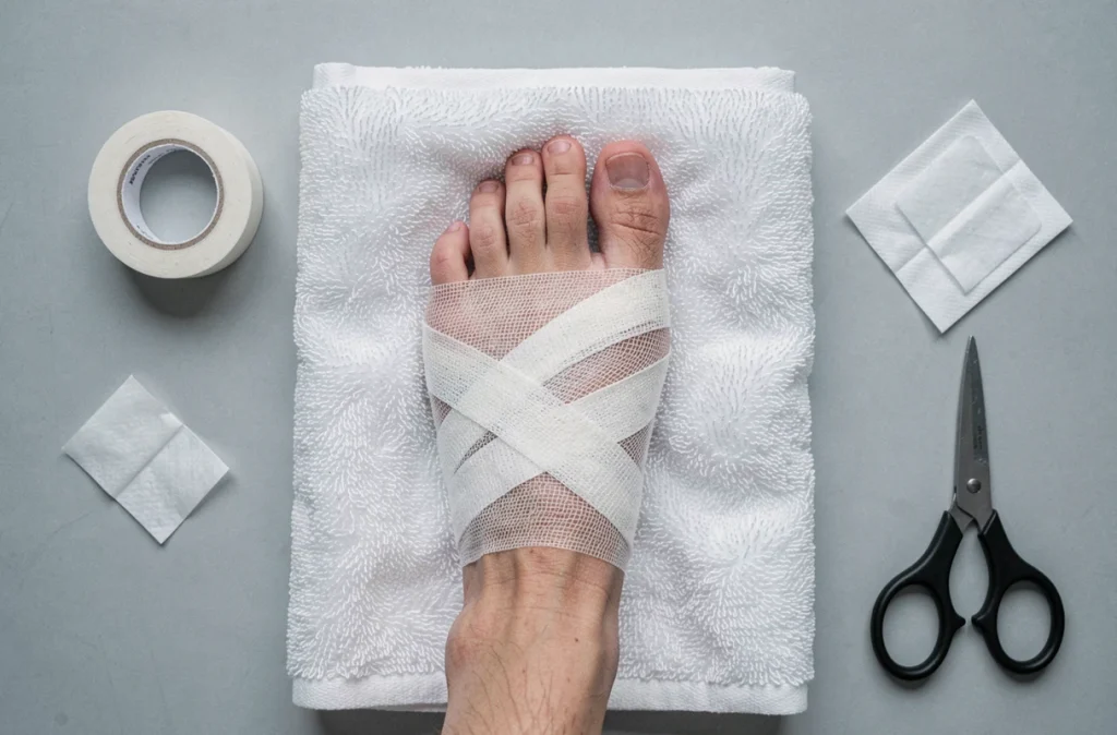 Vue de dessus d'un pied bandé avec une compresse tubulaire entouré de matériel de premiers secours sur fond blanc