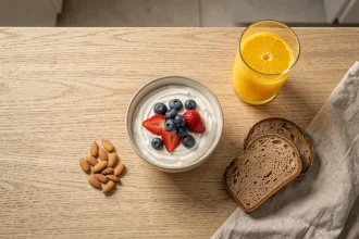 Petit-déjeuner minceur équilibré avec yaourt grec, fruits rouges, pain complet et jus d'orange sur une table en bois clair