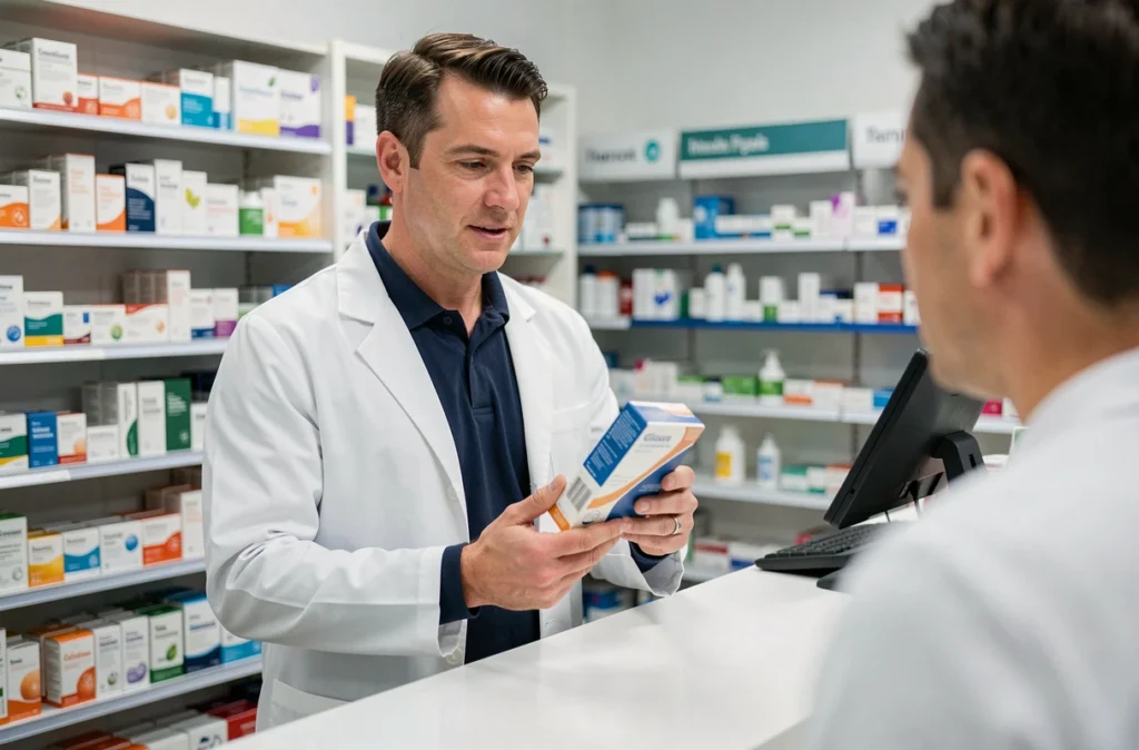 Pharmacien conseillant un client sur un complément alimentaire pour contrôler le taux de sucre sanguin