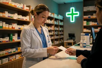 Pharmacienne de nuit en blouse blanche vérifiant une ordonnance au comptoir d'une pharmacie de garde à Gardanne
