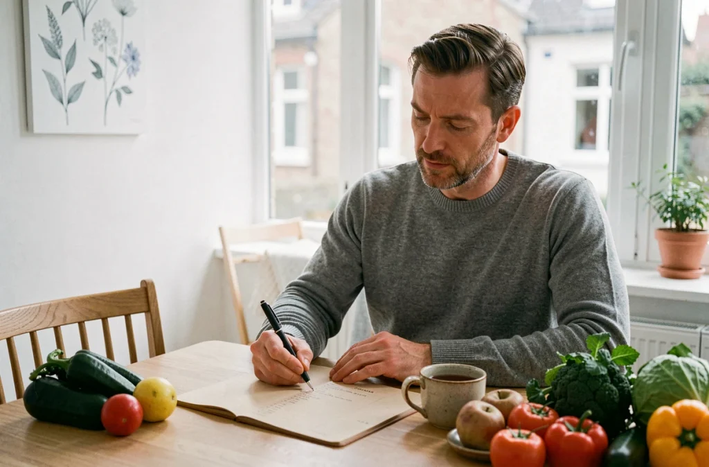Homme planifiant ses repas de la semaine dans un carnet avec des légumes frais pour réduire les envies de grignotage