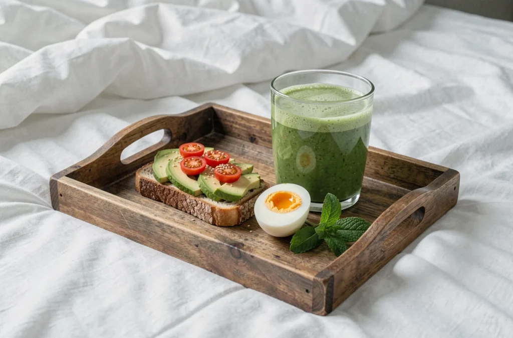 Plateau petit-déjeuner minceur avec toast à l'avocat, œuf mollet et smoothie vert sur un lit aux draps blancs