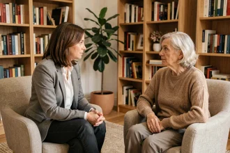 Psychologue écoutant attentivement une aidante familiale épuisée lors d'une séance de soutien en cabinet
