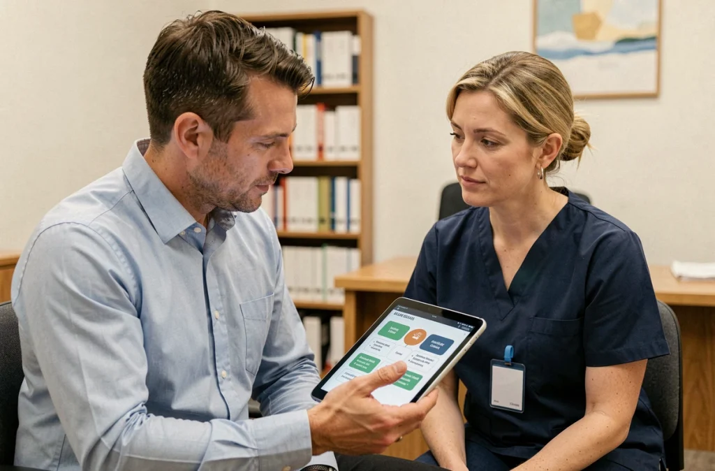 Psychologue et infirmière psychiatrique collaborant sur un plan de soins numérique dans une salle de consultation