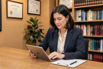 Psychologue utilisant une tablette numérique dans son cabinet pour consulter des notes de patients
