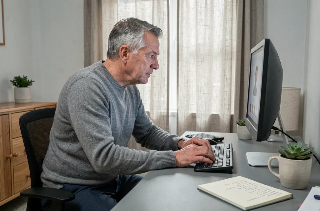 Psychologue homme en téléconsultation via ordinateur depuis un bureau à domicile