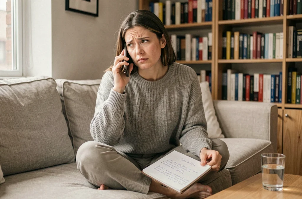 Psychologue en consultation téléphonique depuis son domicile, incarnant les défis du télétravail sur la santé mentale des professionnels de santé