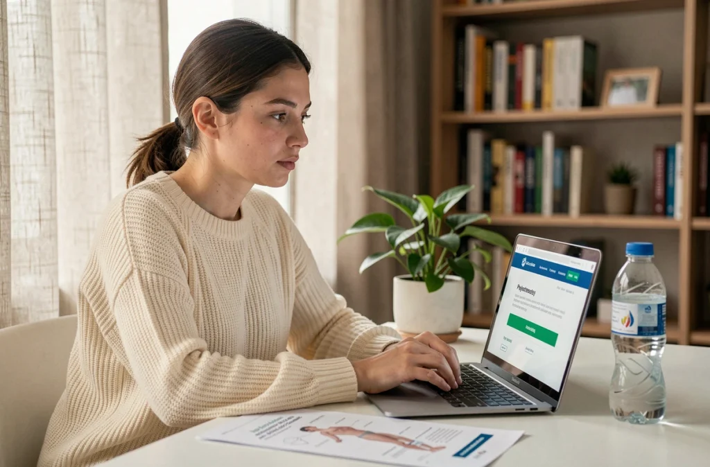 Femme recherchant un service de kinésithérapie en ligne depuis son bureau à domicile après une blessure