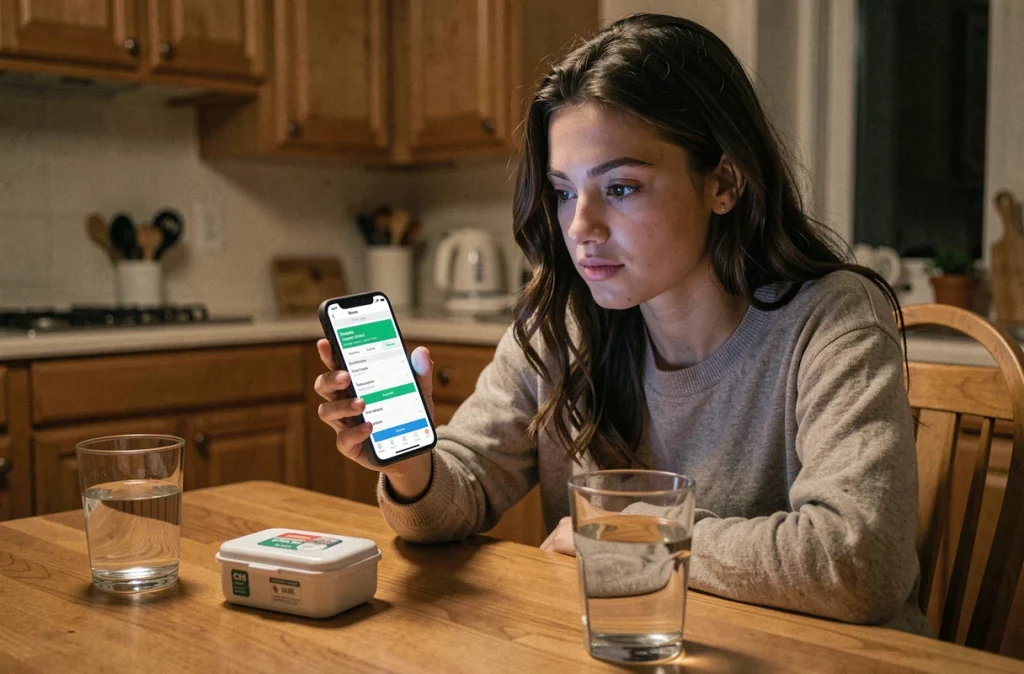 Jeune femme cherchant une pharmacie de garde sur son téléphone portable la nuit depuis chez elle à Gardanne