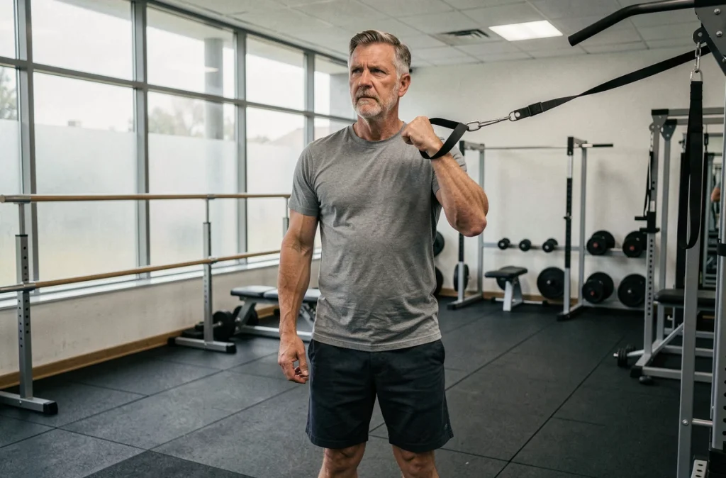Homme réalisant des exercices de rééducation de l'épaule avec bande élastique en salle de kinésithérapie