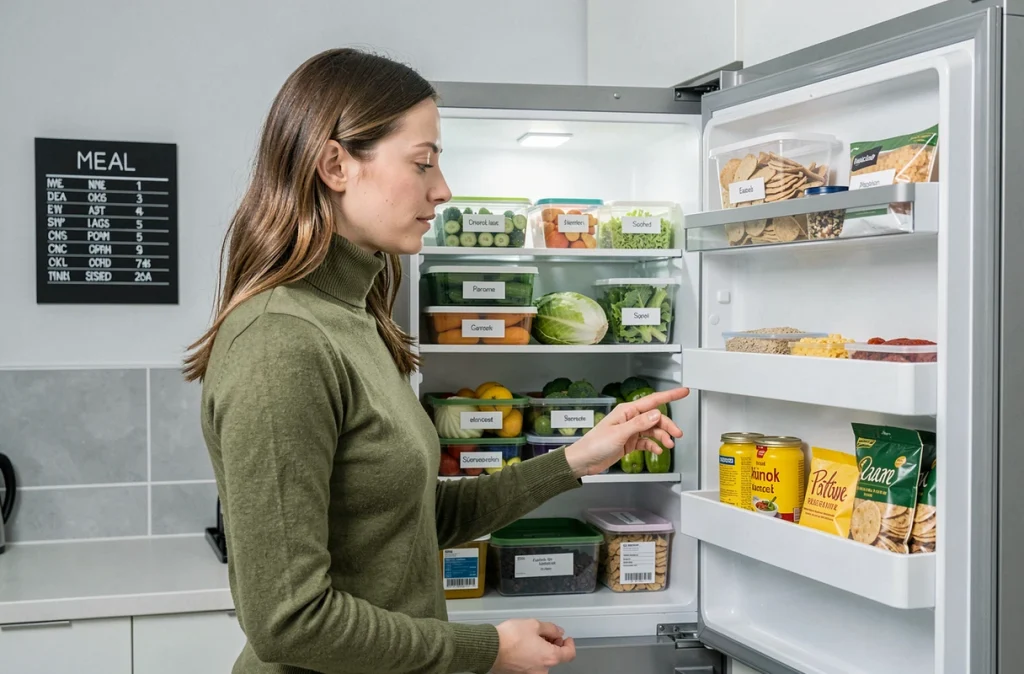 Femme consultant un réfrigérateur organisé avec des repas préparés et des en-cas sains pour limiter les grignotages
