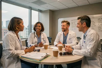 Groupe de professionnels de santé collaborant autour d'une table dans un hôpital moderne, illustrant les réseaux de soutien entre soignants