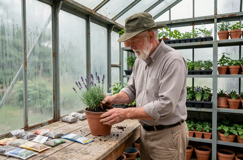 Retraité en chapeau de jardinier qui rempote des plants de lavande dans une serre en verre, entouré de semis et d'outils de jardinage sur un établi en bois
