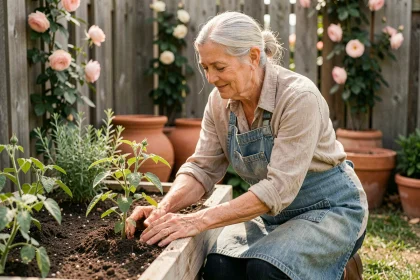 Femme retraitée aux cheveux argentés qui jardine avec soin dans un potager surélevé, les mains dans la terre, entourée de plantes de tomates et d'herbes aromatiques