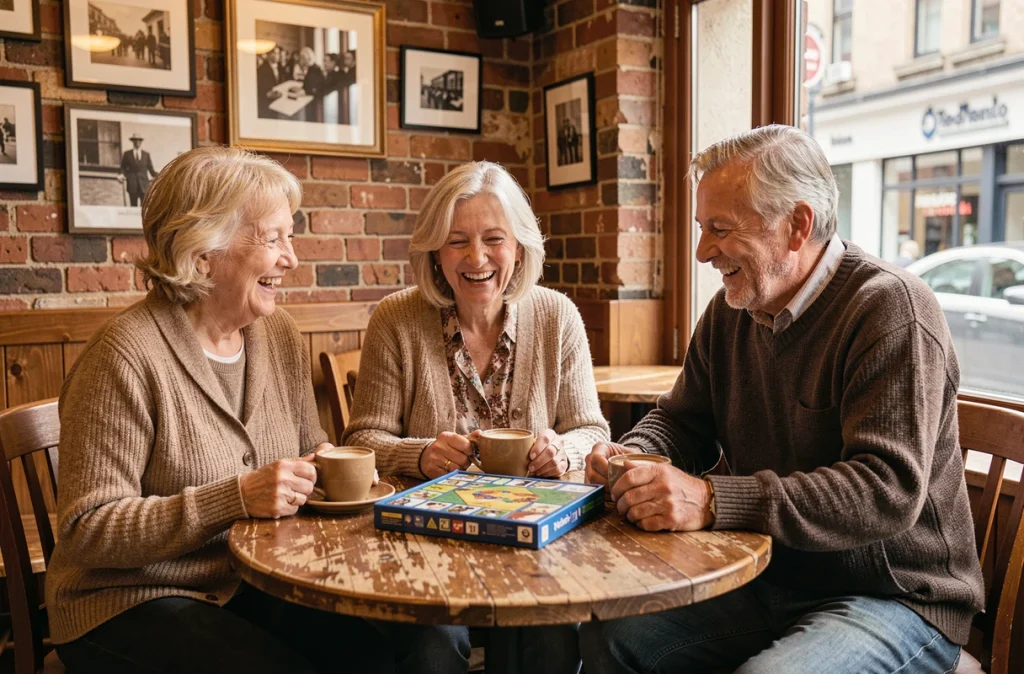 Groupe d'amis retraités réunis autour d'un café et d'un jeu de société, illustrant l'importance du lien social pour préserver le moral à la retraite