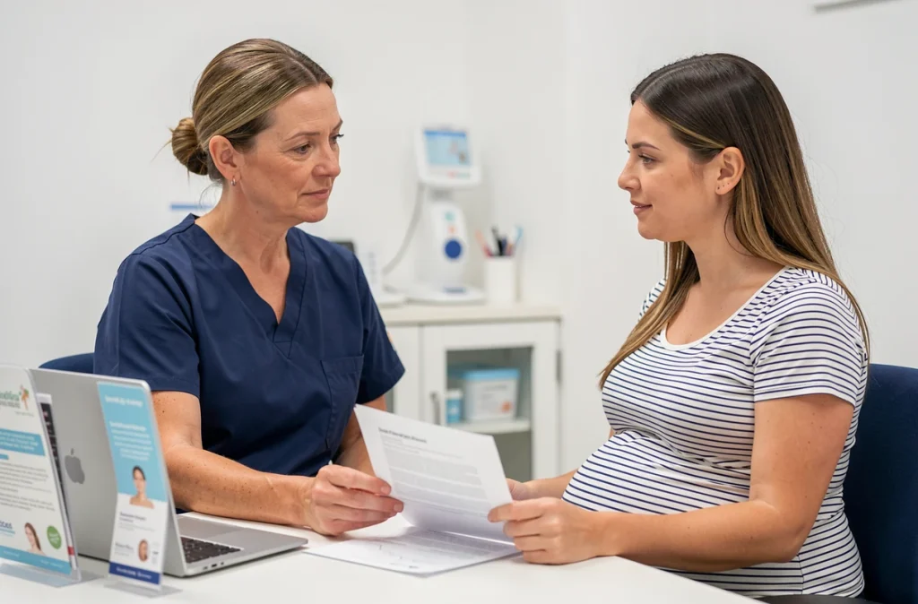 Sage-femme qui explique les options du plan de naissance à une femme enceinte lors d'une consultation prénatale