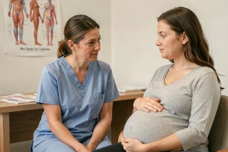 Sage-femme en consultation prénatale avec une future maman dans une clinique moderne