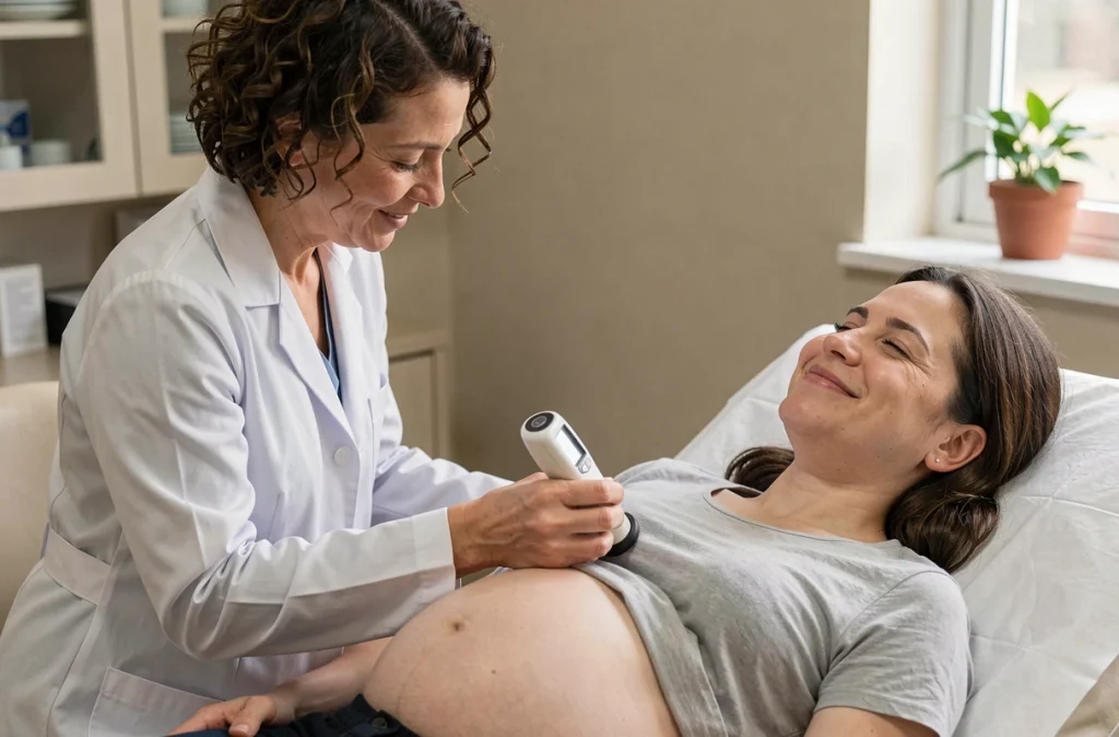 Sage-femme écoutant le cœur du bébé avec un doppler sur le ventre d'une femme enceinte