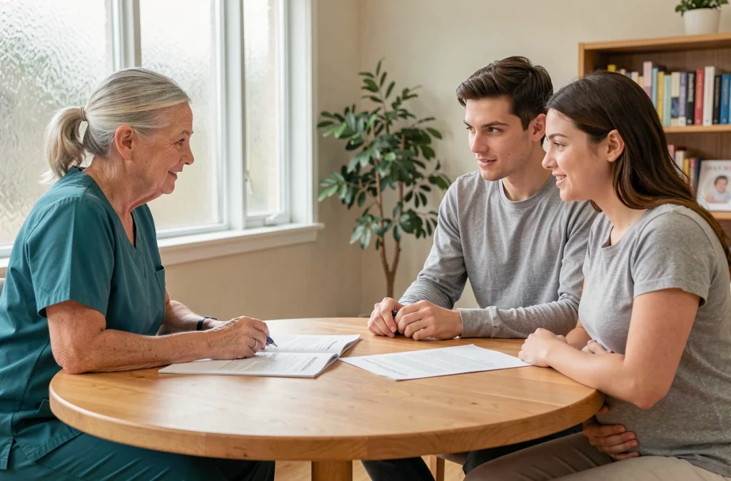 Sage-femme accompagnant un couple dans la préparation d'un plan de naissance dans une maison de naissance