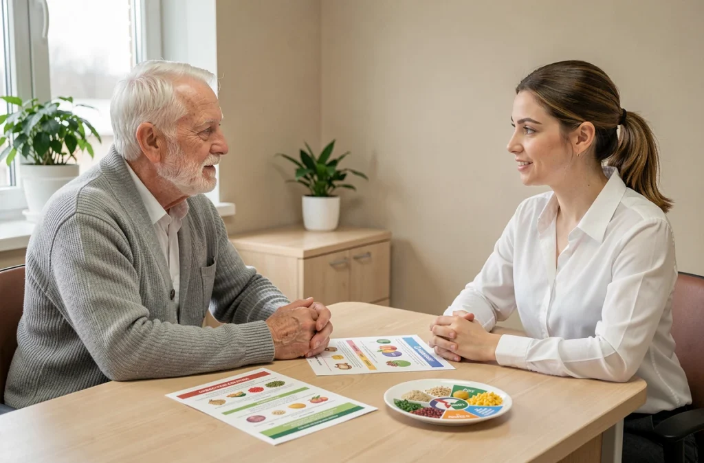 Un senior en consultation nutritionnelle avec une diététicienne pour prévenir la dénutrition et améliorer son alimentation