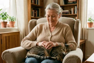 Une femme âgée souriante caresse affectueusement son chat tigré sur ses genoux dans un salon chaleureux, illustrant le bien-être des seniors avec un animal de compagnie