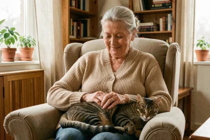 Une femme âgée souriante caresse affectueusement son chat tigré sur ses genoux dans un salon chaleureux, illustrant le bien-être des seniors avec un animal de compagnie