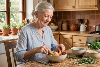 Une femme âgée préparant un repas équilibré et nutritif dans sa cuisine, pour prévenir la dénutrition chez les seniors