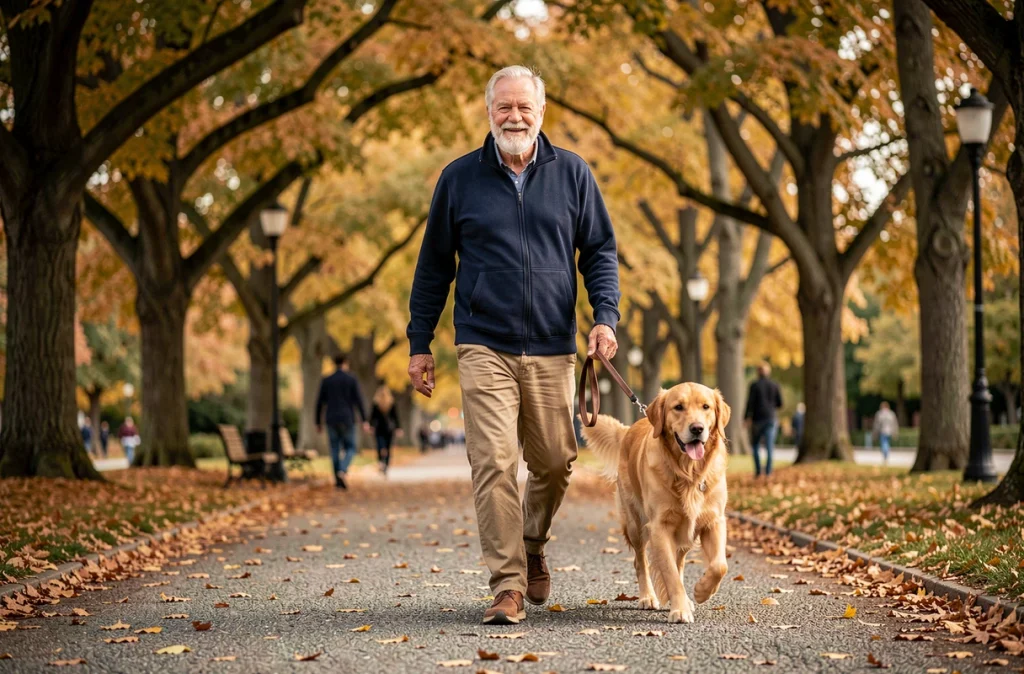 Un homme âgé actif promène son golden retriever dans un parc en automne, symbolisant les bienfaits de l'activité physique et de la compagnie animale pour les seniors