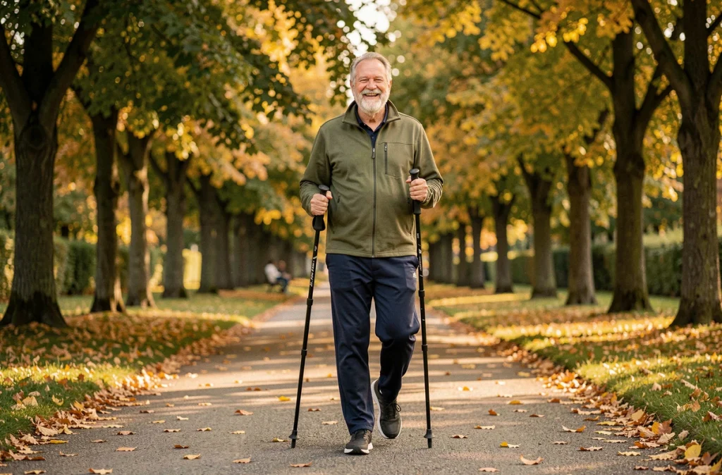 Senior homme âgé marchant avec des bâtons de marche nordique dans un parc en automne pour maintenir son autonomie physique