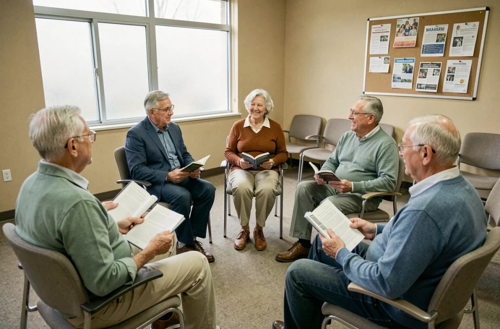 Groupe de seniors participant à un club de lecture dans un centre communautaire, illustrant comment les interactions sociales régulières protègent contre le déclin cognitif