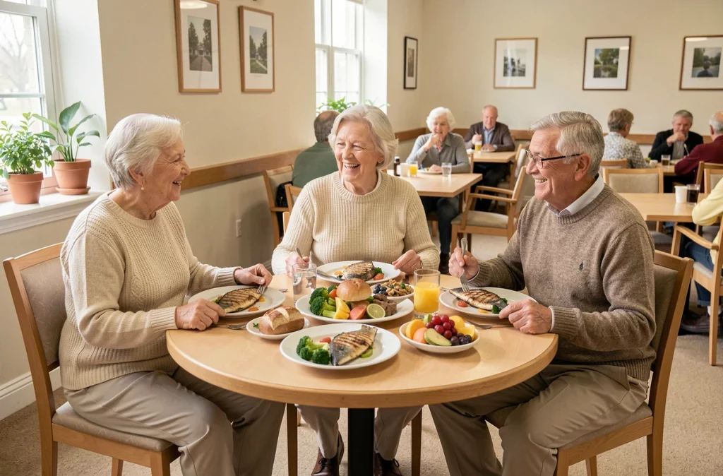 Des seniors partageant un repas équilibré et convivial en collectivité pour lutter contre la dénutrition et l'isolement alimentaire