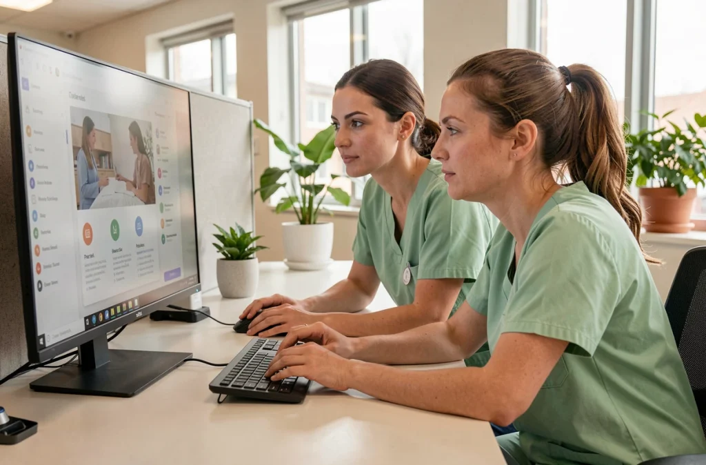 Deux soignantes collaborant sur un module de formation en ligne dans un centre de formation médicale