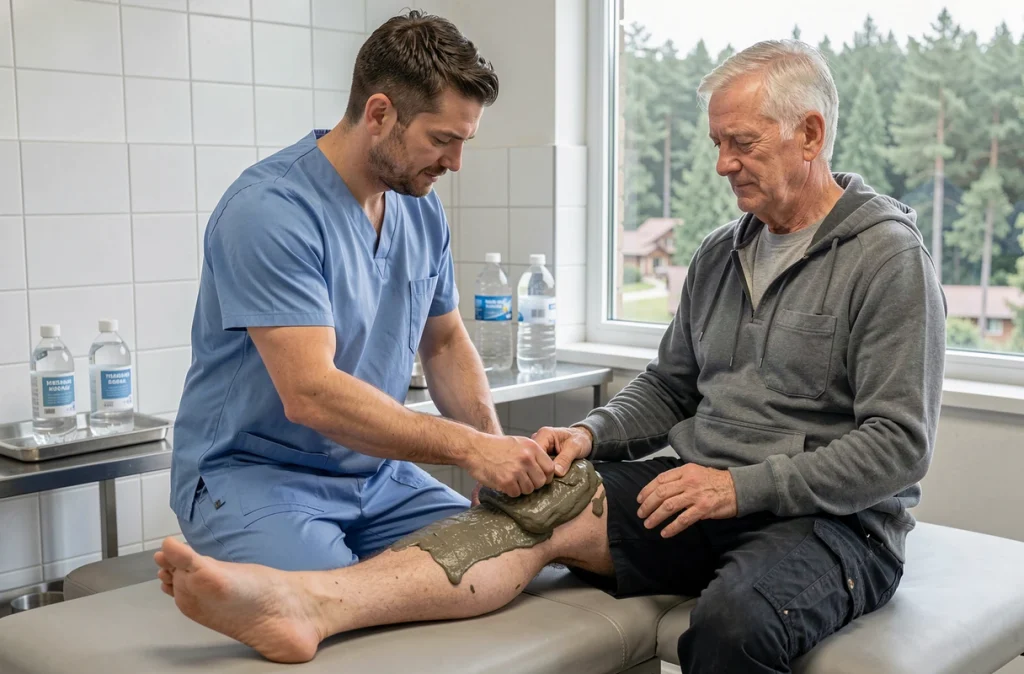 Kinésithérapeute appliquant une boue thermale thérapeutique sur le genou d'un patient en soin rhumatologique dans un centre thermal médical