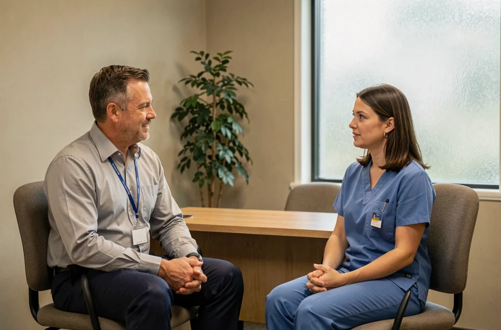 Psychologue hospitalier en séance de soutien avec une soignante, illustrant l'accompagnement psychologique pour la gestion du stress en équipe hospitalière