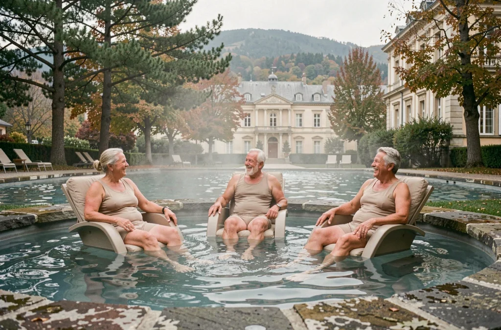 Groupe de patients en cure thermale rhumatologie profitant d'une piscine thermale extérieure dans une station thermale française renommée en automne
