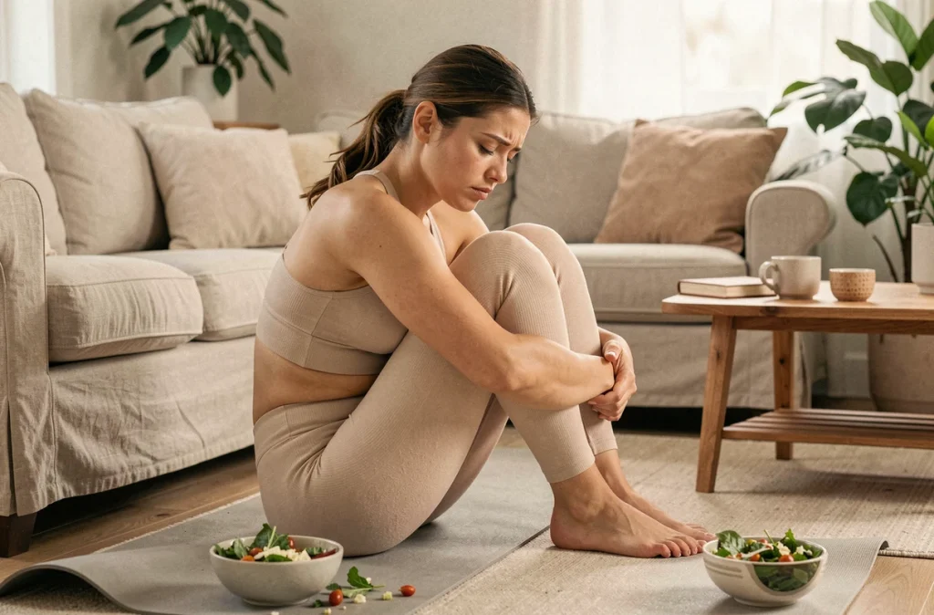 Jeune femme assise sur un tapis de yoga avec une expression anxieuse et un repas sain abandonné, symbolisant le lien entre stress et comportements alimentaires
