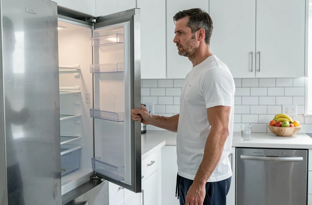 Homme stressé regardant un réfrigérateur vide sans appétit, illustrant la perte de poids liée au stress chronique