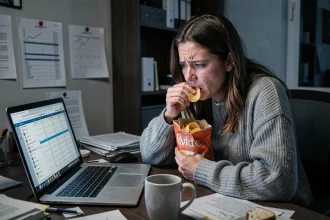 Femme stressée qui mange émotionnellement devant son bureau encombré la nuit, illustrant l'impact du stress sur la prise de poids