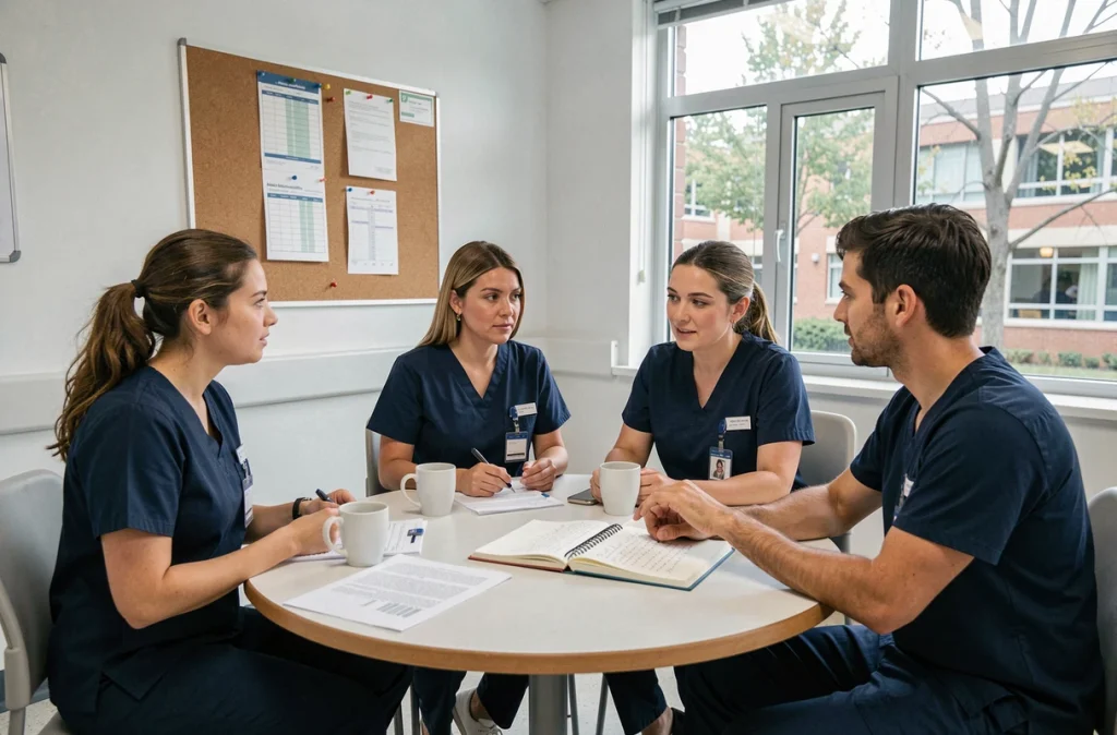 Groupe de jeunes professionnels de santé en séance de supervision collective avec une superviseure expérimentée