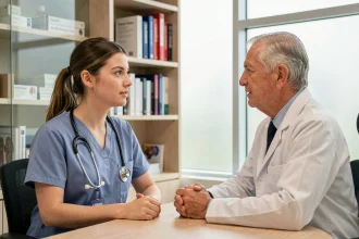 Jeune professionnelle de santé en supervision avec un médecin senior dans un bureau hospitalier moderne