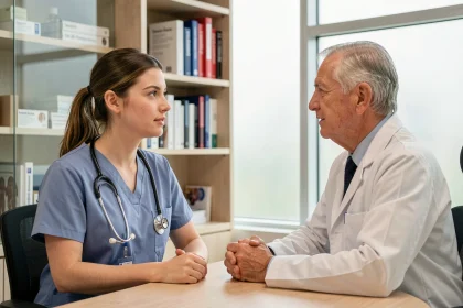 Jeune professionnelle de santé en supervision avec un médecin senior dans un bureau hospitalier moderne