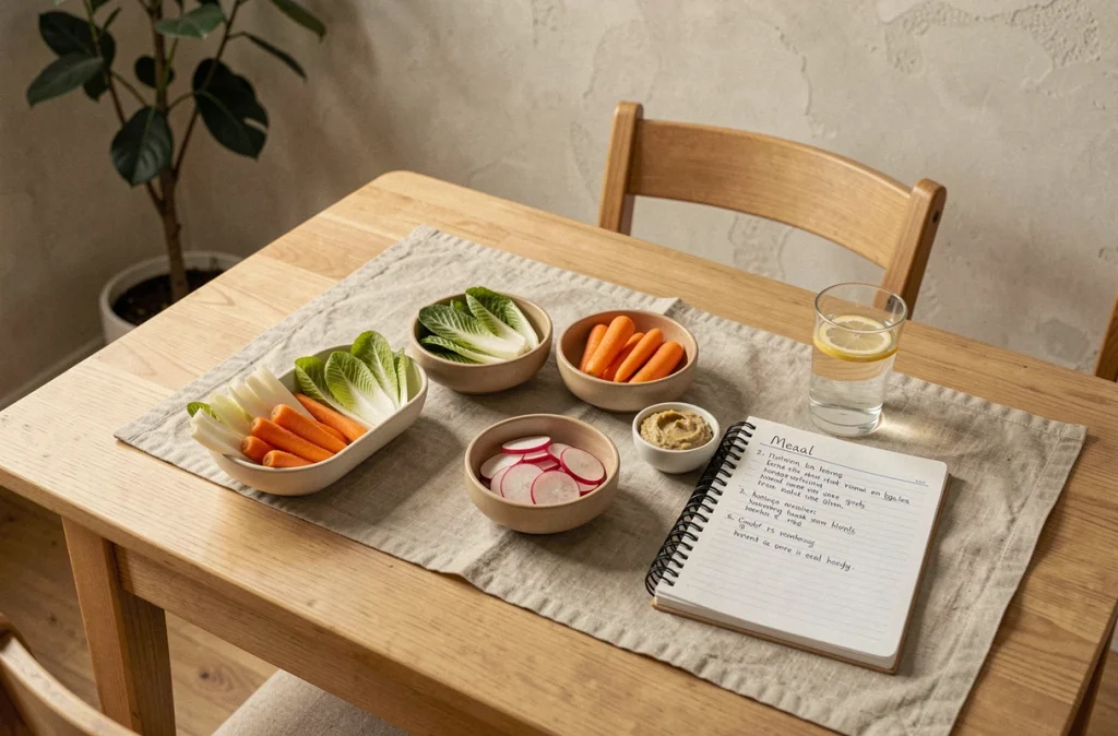 Table avec des bols de légumes faibles en calories et un carnet de planification de repas pour la perte de poids